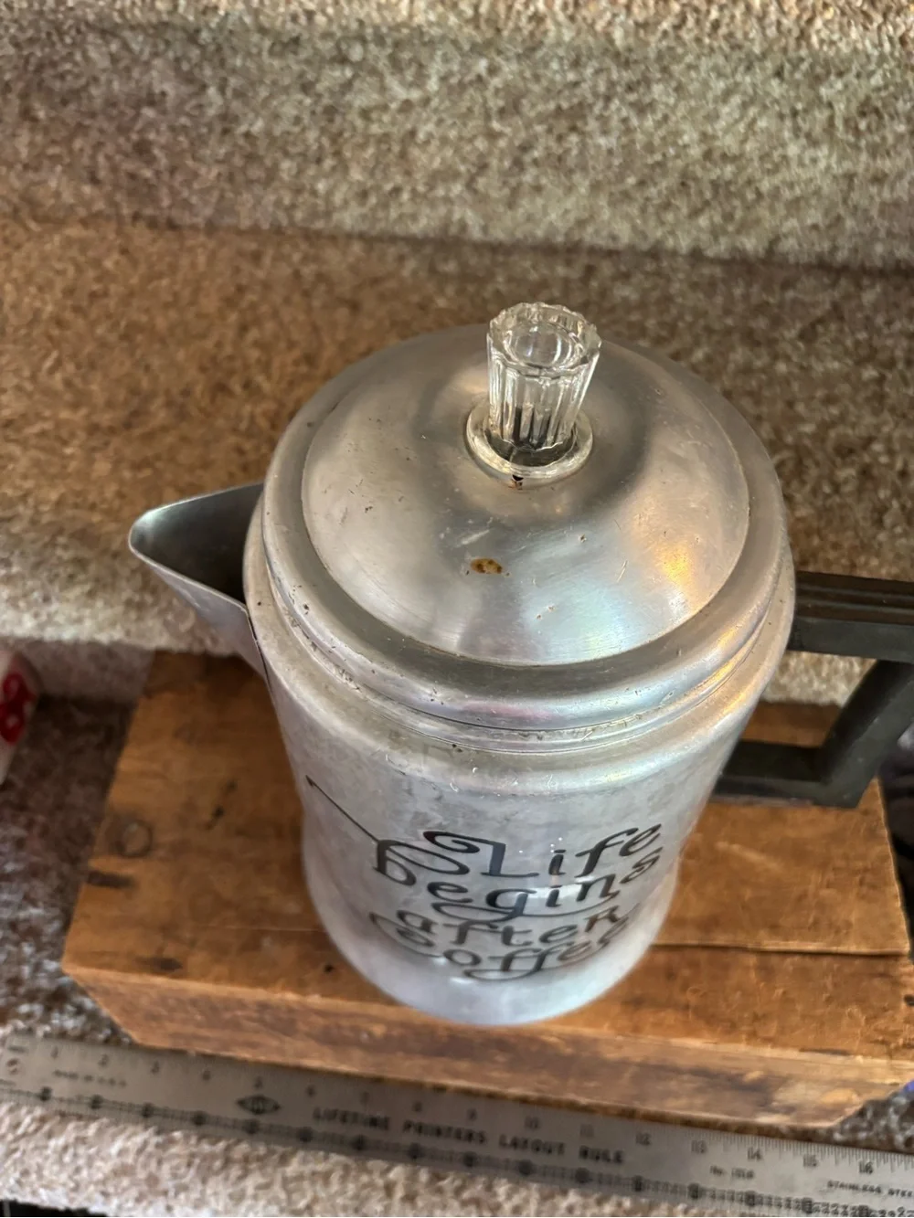 Silver Coffee Percolator with 'Life Begins After Coffee' Script